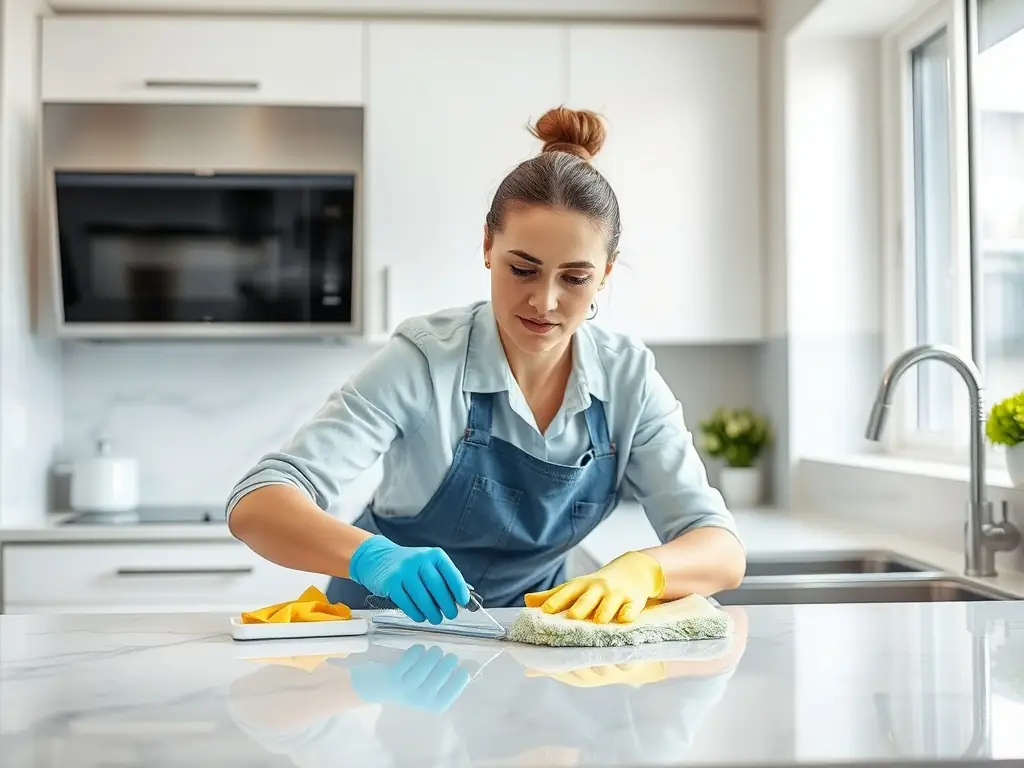 A professional cleaner thoroughly cleaning a residential apartment, focusing on kitchen and bathroom areas, showcasing the move-out cleaning service.