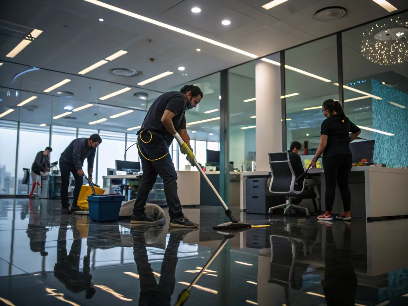 A team of cleaners removing dust from a newly constructed commercial space with modern equipment, highlighting the construction cleaning service.