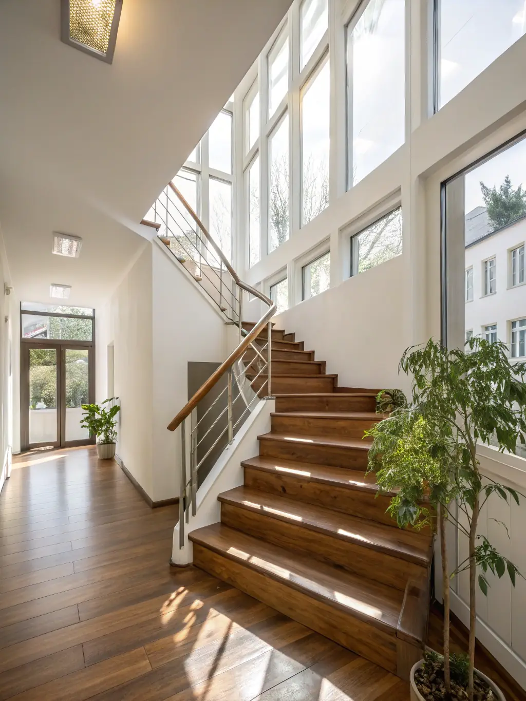 A photo of a clean and well-maintained stairwell in a residential building, with polished handrails and clean steps.