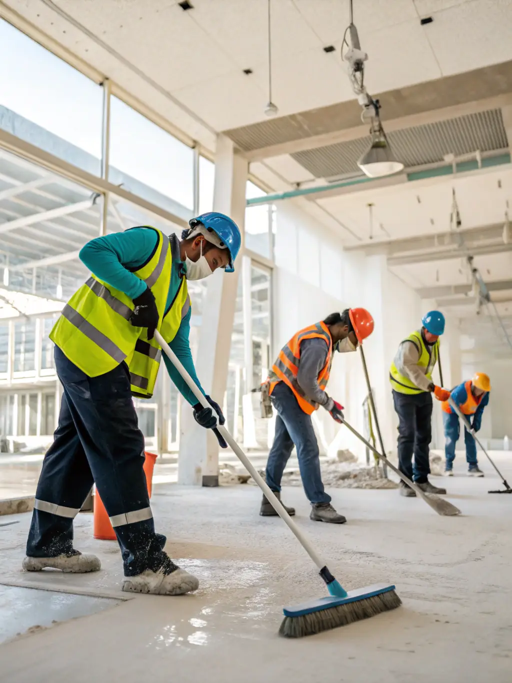 A photo of a construction site after a thorough cleaning, with workers in the background and a focus on the cleanliness of the space.