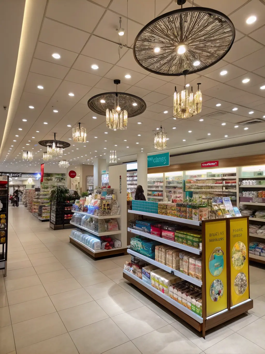 A photo of a retail store or showroom, perfectly clean and organized, with products neatly displayed and customers browsing.
