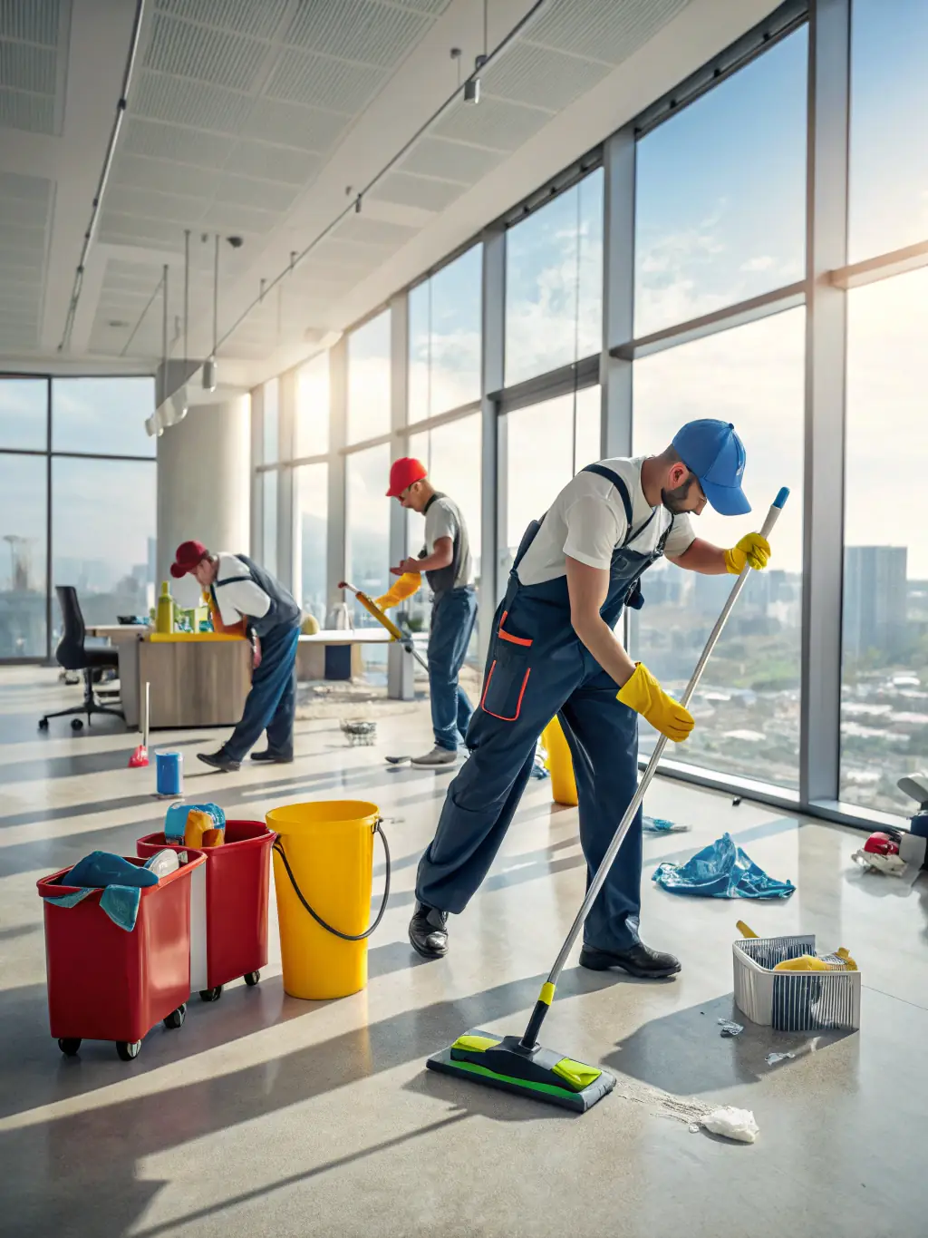 An image of Fandlarenhold cleaning staff using eco-friendly cleaning products in a modern office space, highlighting their commitment to sustainability and environmental responsibility.